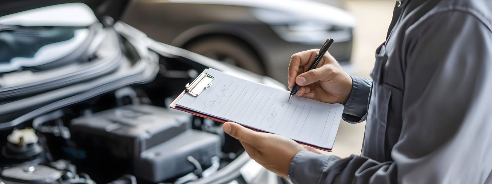 A mechanic completing a vehicle inspection checklist next to a car
