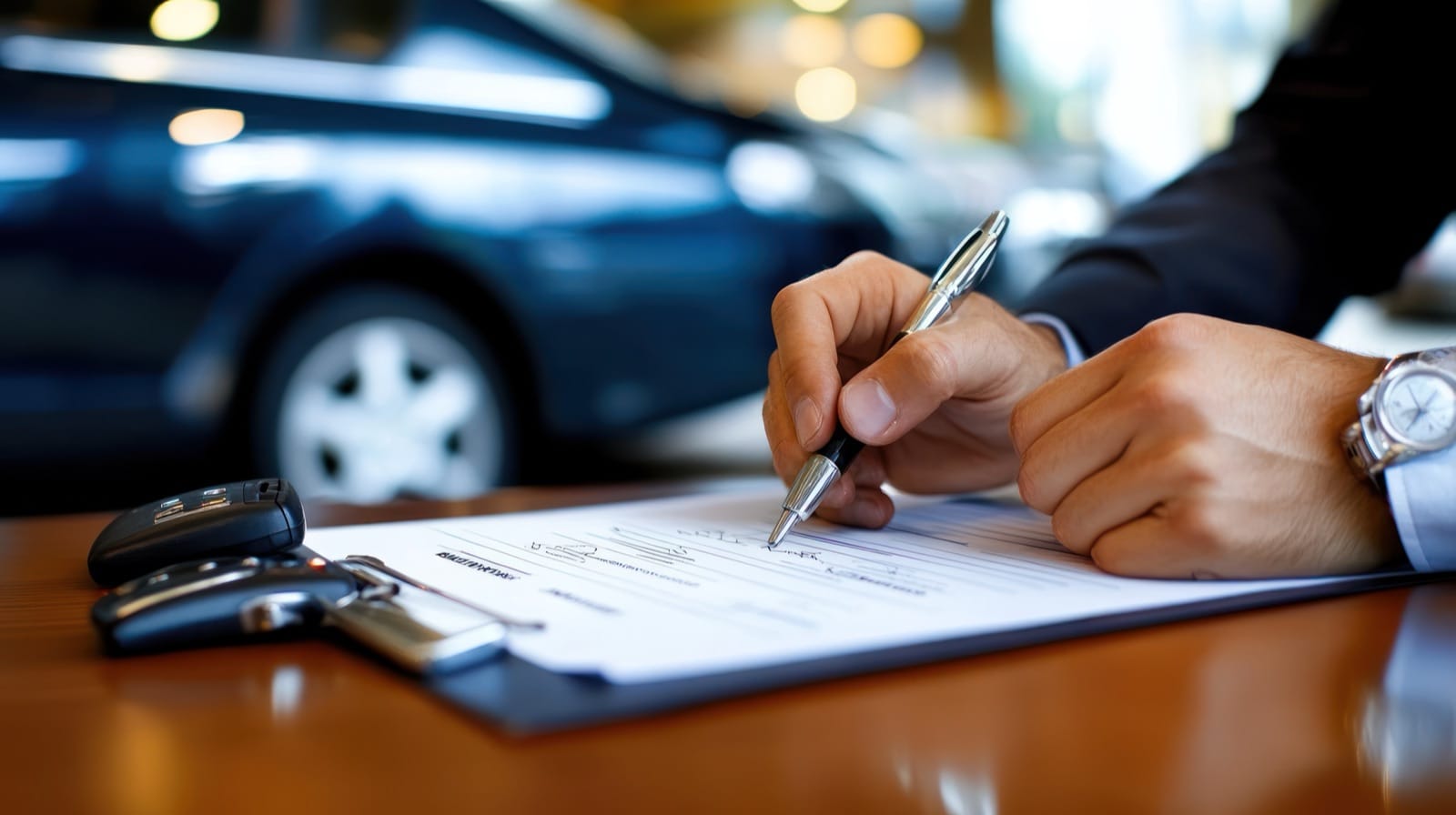 A person signing paperwork with car keys resting on the document